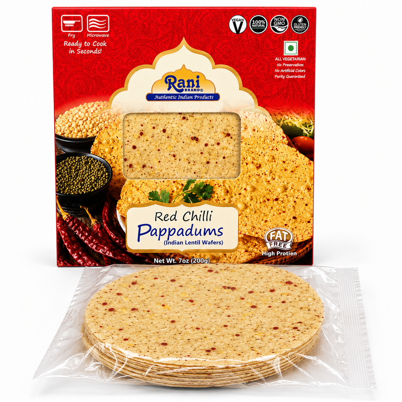 Rani Pappadums (Indian Lentil Wafer Snack) Red Chilli Papad 7oz (200g) Approximately 15pc, 7 inches ~ All Natural | Gluten Friendly | NON-GMO | Vegan | Indian Origin