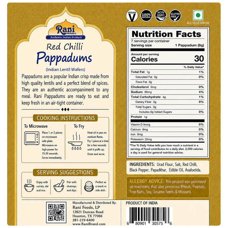 Rani Pappadums (Indian Lentil Wafer Snack) Red Chilli Papad 7oz (200g) Approximately 15pc, 7 inches ~ All Natural | Gluten Friendly | NON-GMO | Vegan | Indian Origin