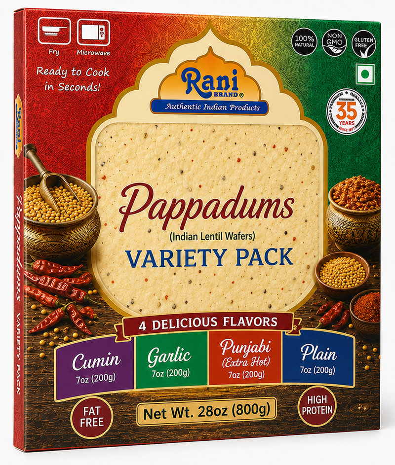 Rani Pappadums (Indian Lentil Wafer Snack) 5-Variety Papad Pack (Green Chilli, Garlic, Cumin, Extra Hot, Black Pepper) 7oz (200g) Approximately 15pc, 7 inches ~ All Natural | Gluten Friendly | NON-GMO