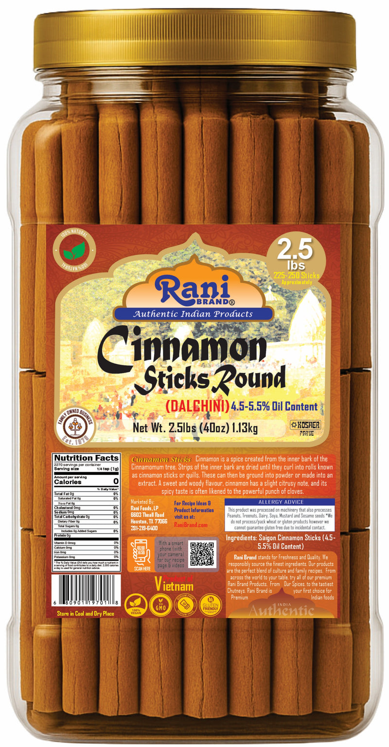 Rani Cinnamon Sticks 40oz (2.5lbs) 1.13kg Bulk PET Jar - 220 -250 Sticks - Strong Aroma, Perfect for Baking, Cooking & Beverages | 3+ Inches Length - Cassia Saigon Cinnamon from Vietnam | Kosher