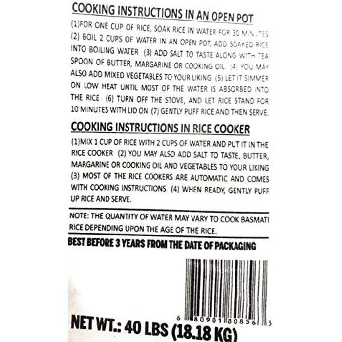 Asian Kitchen Silver White Basmati Rice Aged 40lbs (18.18kg) ~ All Natural | Gluten Friendly | Vegan | Indian Origin | Export Quality