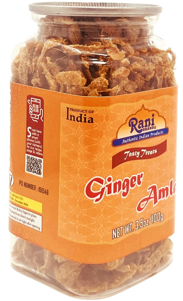 Rani Ginger Amla Candy 3.5oz (100g) Vacuum Sealed, Easy Open Top, Resealable Container ~ Indian Tasty Treats | Vegan | Gluten Friendly | NON-GMO