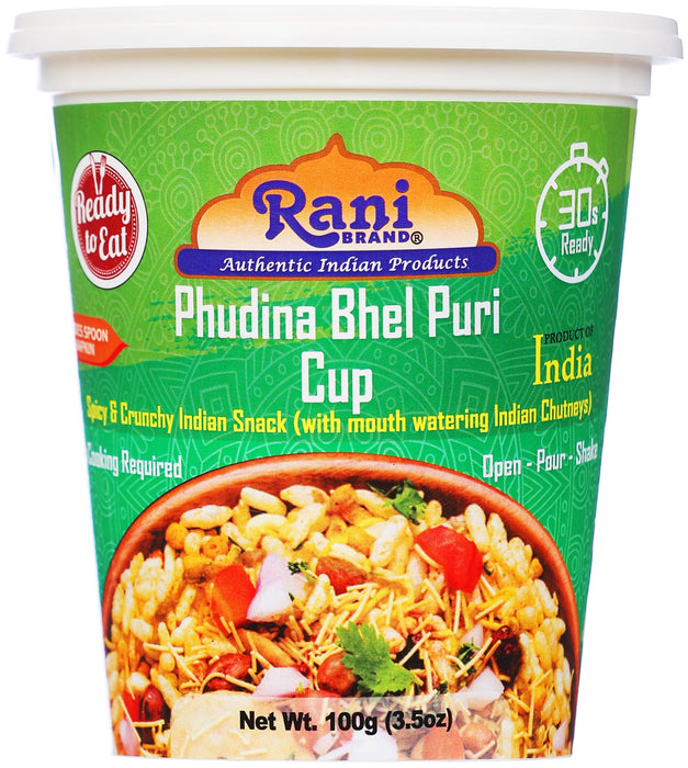 Rani Pudina Bhel Puri Cup (Spicy & Crunchy Indian Snack w/ mouth watering Indian Chutneys) 3.5oz (100g), Pack of 6+1 FREE ~ Ready to Eat | Vegan | NON-GMO | Indian Origin