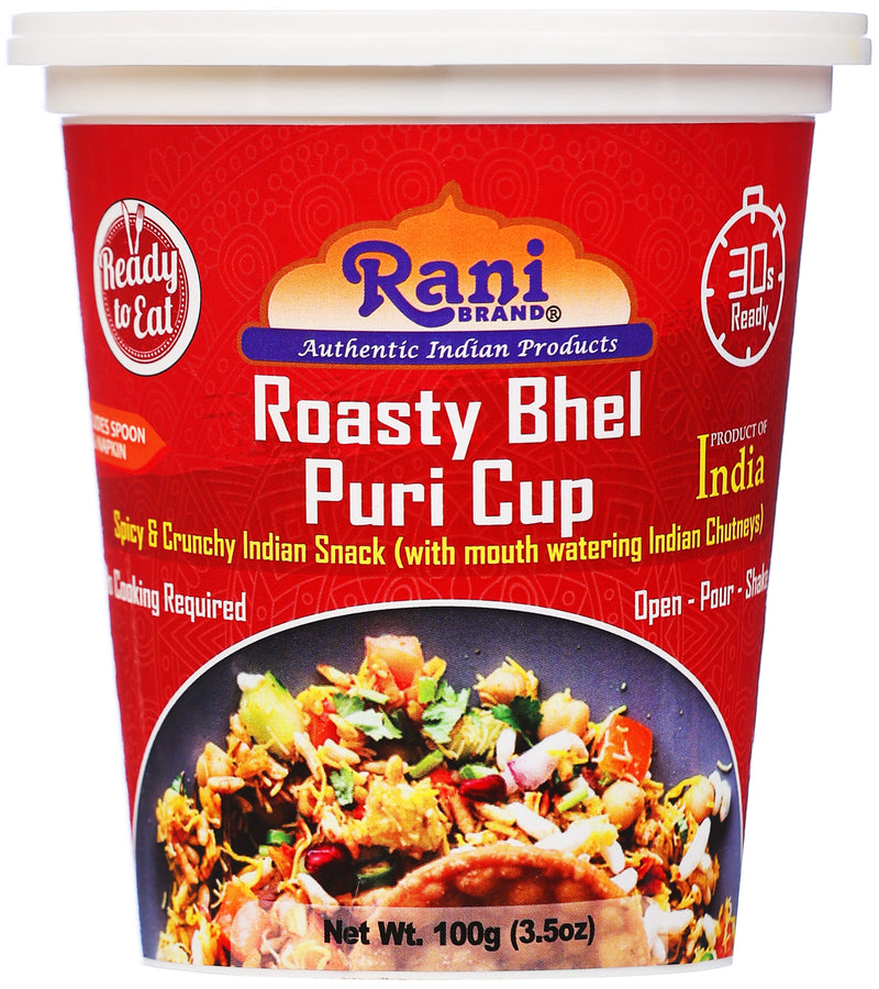 Rani Roasty Bhel Puri Cup (Spicy & Crunchy Indian Snack w/ mouth watering Indian Chutneys) 3.5oz (100g), Pack of 6+1 FREE ~ Ready to Eat | Vegan | NON-GMO | Indian Origin