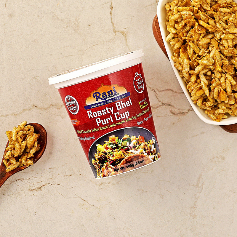 Rani Roasty Bhel Puri Cup (Spicy & Crunchy Indian Snack w/ mouth watering Indian Chutneys) 3.5oz (100g), Pack of 4 ~ Ready to Eat | Vegan | NON-GMO | Indian Origin