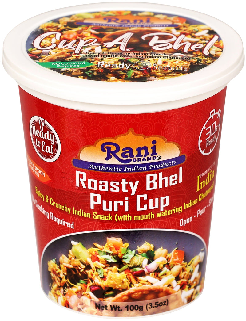 Rani Roasty Bhel Puri Cup (Spicy & Crunchy Indian Snack w/ mouth watering Indian Chutneys) 3.5oz (100g), Pack of 6+1 FREE ~ Ready to Eat | Vegan | NON-GMO | Indian Origin