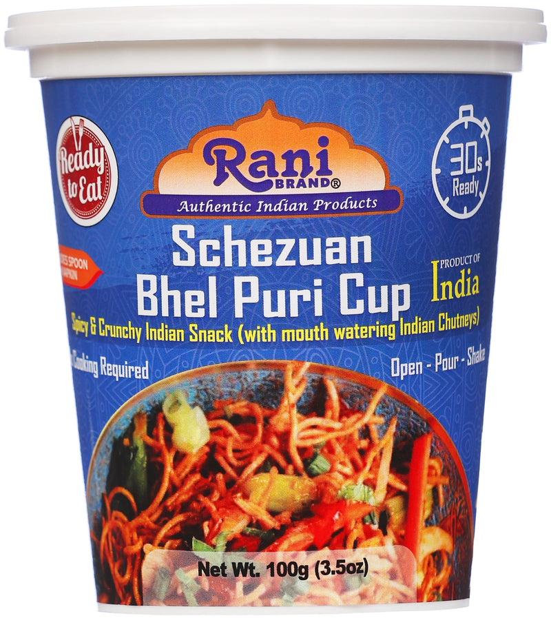Rani Schezuan Bhel Puri Cup (Spicy & Crunchy Indian Snack w/ mouth watering Indian Chutneys) 3.5oz (100g), Pack of 4 ~ Ready to Eat | Vegan | NON-GMO | Indian Origin