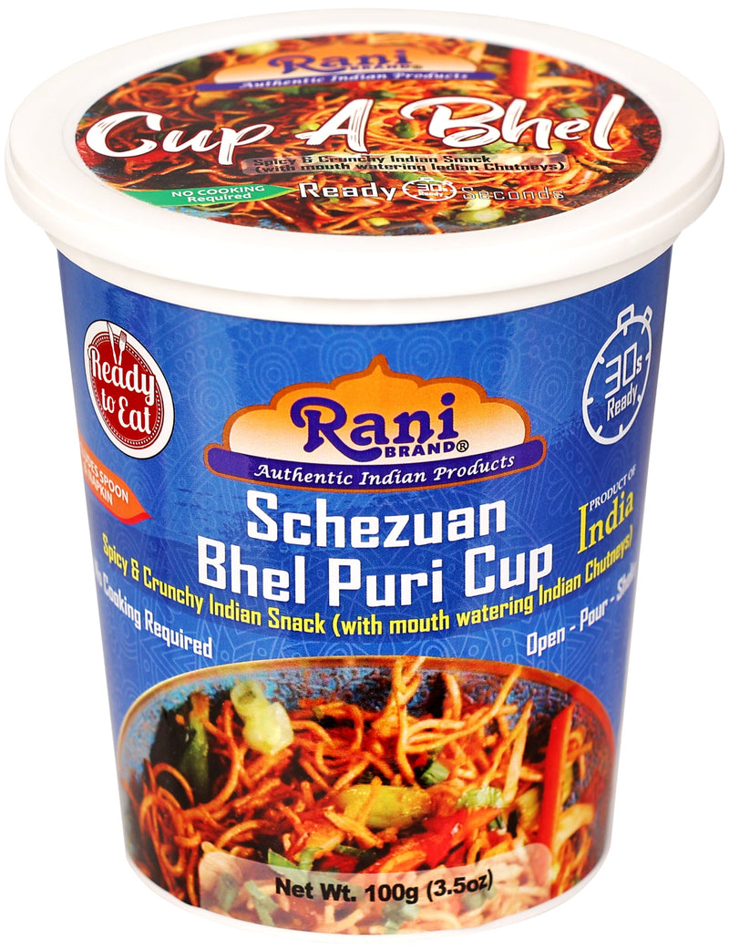 Rani Schezuan Bhel Puri Cup (Spicy & Crunchy Indian Snack w/ mouth watering Indian Chutneys) 3.5oz (100g), Pack of 4 ~ Ready to Eat | Vegan | NON-GMO | Indian Origin