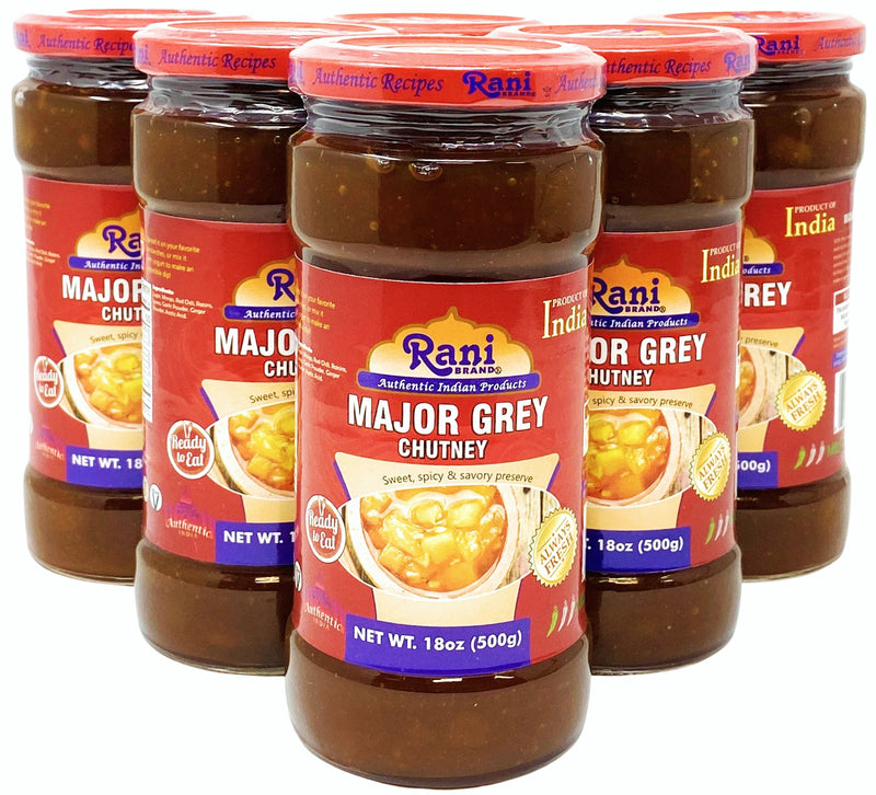 Rani Major Grey Mango Chutney (Indian Preserve) 17.6oz (1.1lbs) 500g Glass Jar, Ready to eat, Vegan, Pack of 5+1 FREE ~ Gluten Free, All Natural