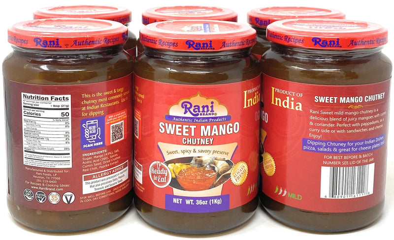 Rani Sweet Mango Chutney (Indian Preserve) 36oz (2.2lbs) 1kg Value Pack, Glass Jar, Ready to eat, Vegan, Pack of 5+1 ~ Gluten Free, All Natural, NON-GMO