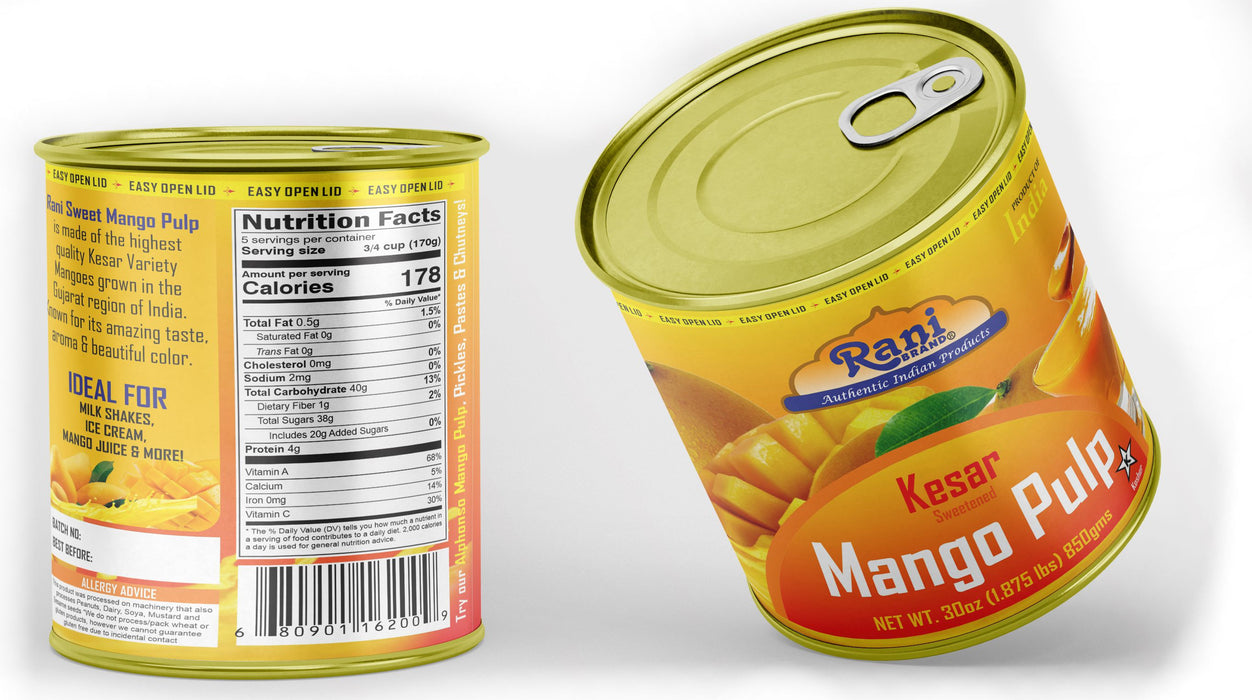 Rani Mango Pulp Puree (Makes Mango Lassi Shakes) Kesar Sweetened 30oz (1.875lbs) 850g Pack of 6, 160 cases Pallet ~ Kosher | All Natural | NON-GMO | Vegan | No colors | Gluten Friendly | Indian Origin