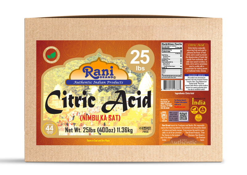Rani Citric Acid Powder, Food Grade (Limbu Ka Ful) 400oz (25lbs) 11.36kg Bulk Box ~ Used for Cooking, Bath Bombs, Cleaning | Gluten Friendly | Kosher | Indian Origin