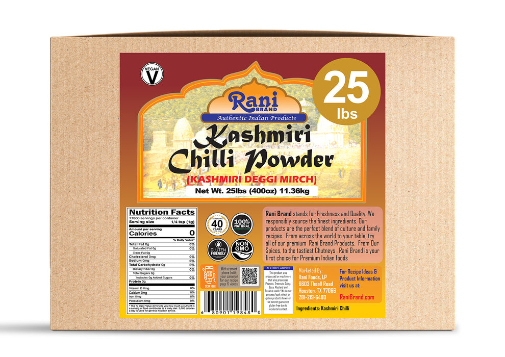 Rani Kashmiri Chilli Powder (Deggi Mirch, Low Heat) Ground Indian Spice 400oz (25lbs) 11.36kg Bulk Box ~ All Natural | Salt-Free | Gluten Friendly | Perfect for Deviled Eggs & Other Low Heat Dishes