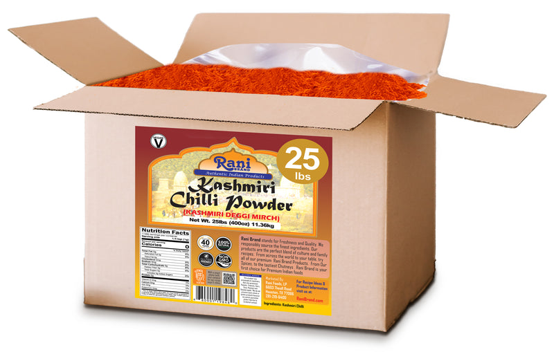 Rani Kashmiri Chilli Powder (Deggi Mirch, Low Heat) Ground Indian Spice 400oz (25lbs) 11.36kg Bulk Box ~ All Natural | Salt-Free | Gluten Friendly | Perfect for Deviled Eggs & Other Low Heat Dishes