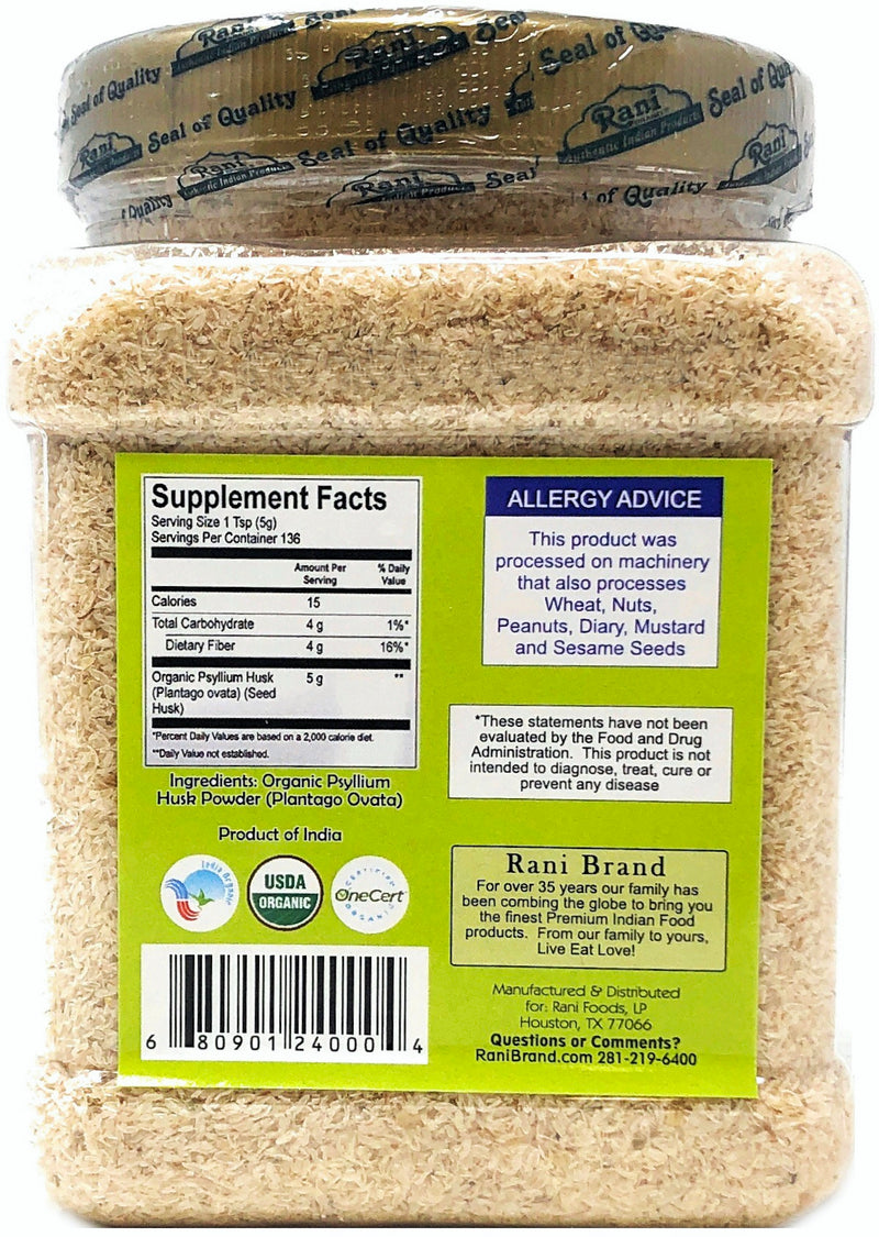 Rani Organic Psyllium Whole Husk Powder (Isabgol) Dietary Fiber Supplement USDA Organic 9.8oz (280g)  All Natural | Vegan | Gluten Friendly | Non-GMO