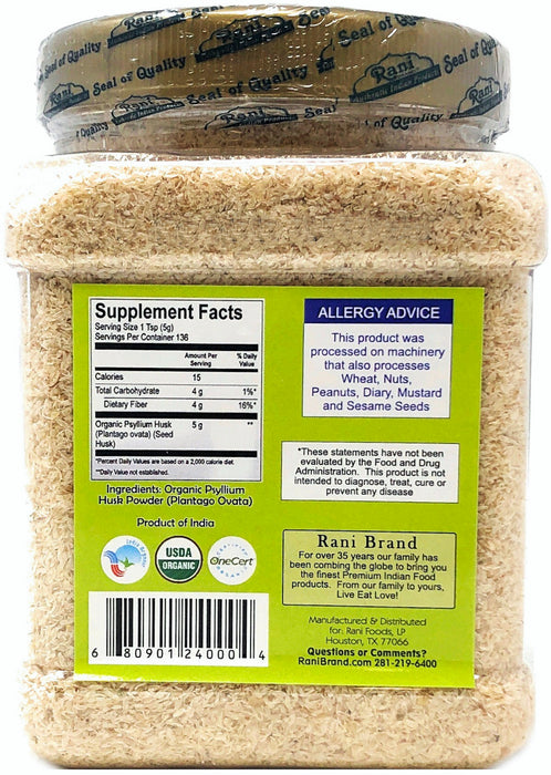 Rani Organic Psyllium Whole Husk Powder (Isabgol) Dietary Fiber Supplement USDA Organic 9.8oz (280g)  All Natural | Vegan | Gluten Friendly | Non-GMO