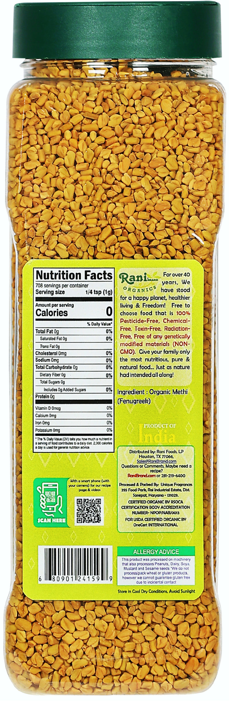 Rani Organic Fenugreek (Methi) Seeds Whole 25oz (1.56lbs) 708g PET Jar, Trigonella Foenum Graecum ~ All Natural | USDA Certified Organic