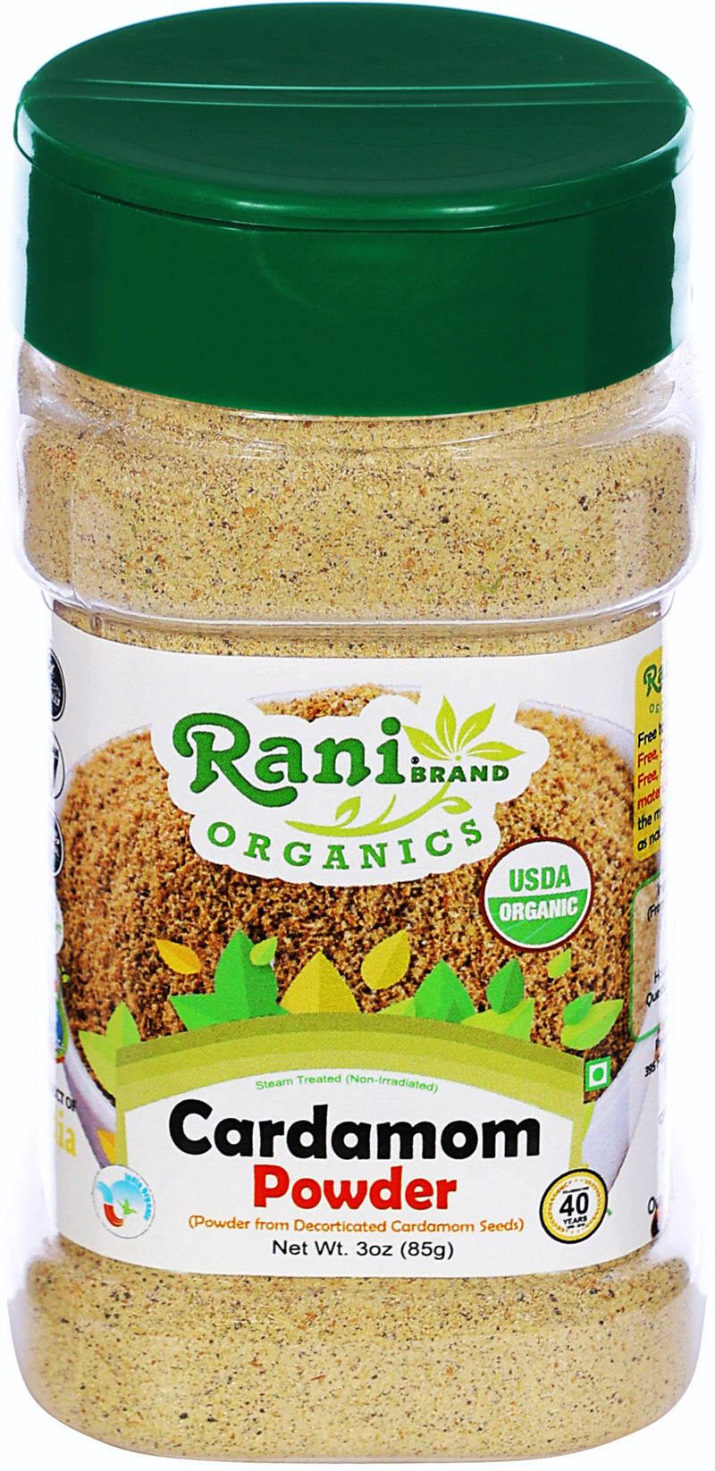 Rani Organic Cardamom (Elachi) Ground, Powder Indian Spice 3oz (85g) PET Jar ~ All Natural | Vegan | Gluten Friendly | USDA Certified Organic