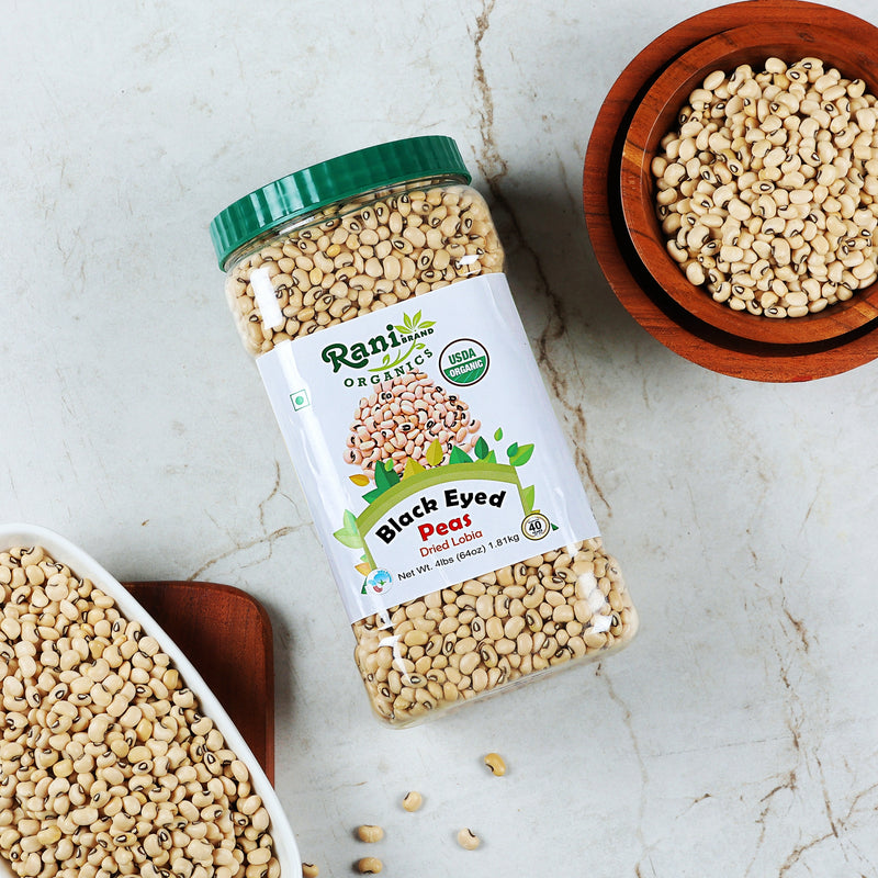 Rani Organic Black Eyed Peas (Dried Lobia) 64oz (4lbs) 1.81kg Bulk PET Jar ~ All Natural | Vegan | Gluten Friendly | NON-GMO| USDA Certified Organic