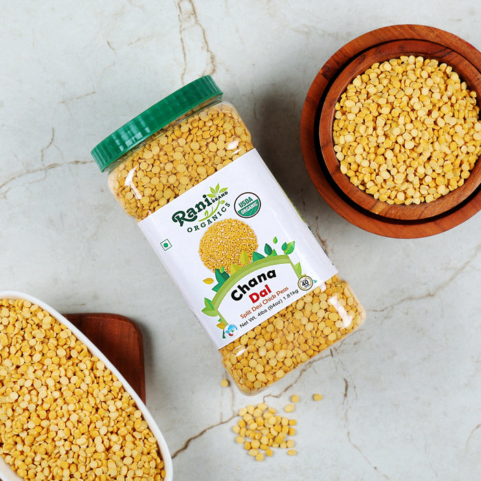 Rani Organic Chana Dal (Split Desi Chickpeas without skin) 64oz (4lbs) 1.81kg Bulk PET Jar ~ All Natural | Vegan | Gluten Friendly | NON-GMO