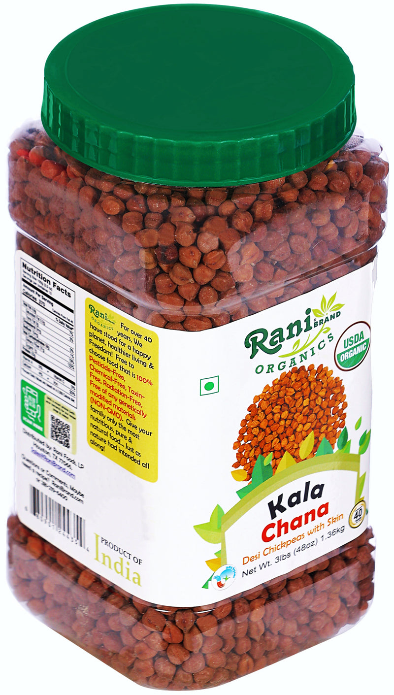 Rani Organic Kala Chana (Desi Chickpeas with Skin) 48oz (3lbs) 1.36kg Bulk PET Jar ~ All Natural | Vegan | Gluten Friendly | USDA Certified Organic
