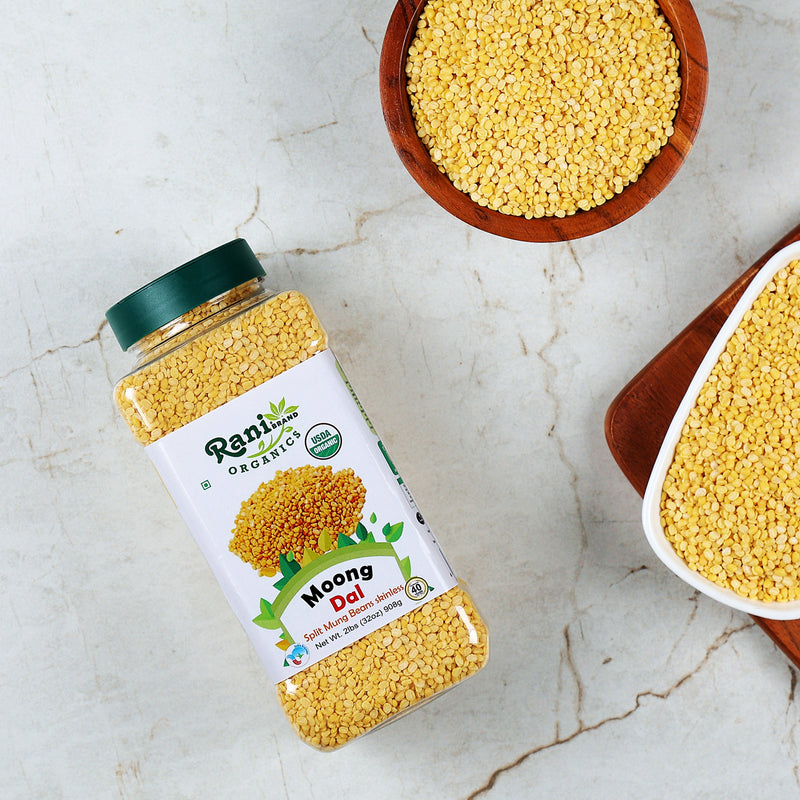 Rani Organic Moong Dal (Split Moong Beans Skinless) Indian Lentils 32oz (2lbs) 908g PET Jar ~ All Natural | Vegan | USDA Certified Organic