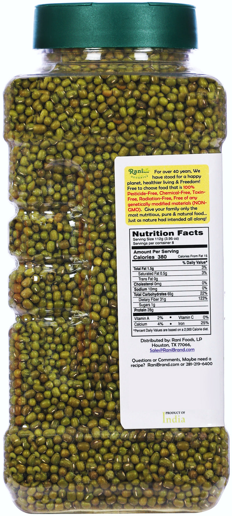 Rani Organic Moong Whole (Whole Mung Beans with Skin) Indian Lentils 32oz (2lbs) 908g PET Jar ~ All Natural | Vegan | Gluten Friendly | NON-GMO