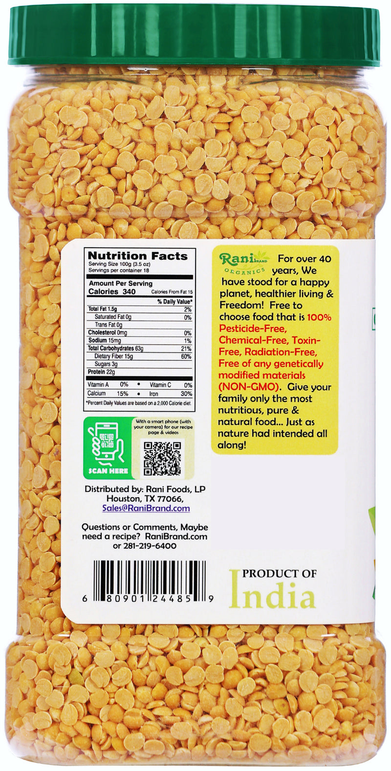 Rani Organic Toor Dal (Split Pigeon Peas) 64oz (4lbs) 1.81kg Bulk PET Jar ~ All Natural | Vegan | Gluten Friendly | NON-GMO | Indian Origin