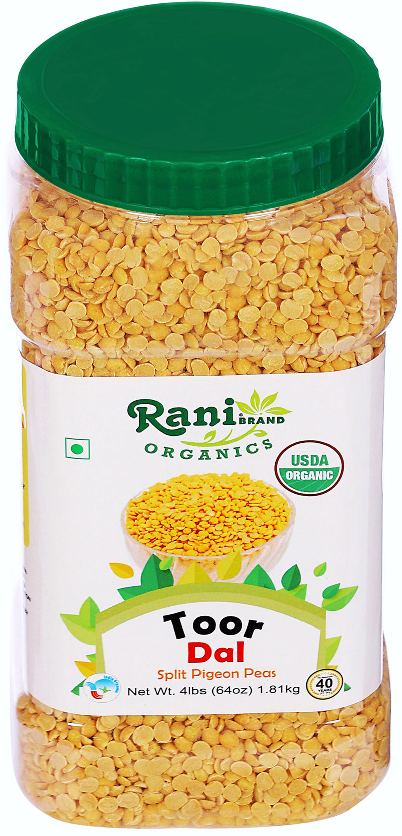 Rani Organic Toor Dal (Split Pigeon Peas) 64oz (4lbs) 1.81kg Bulk PET Jar ~ All Natural | Vegan | Gluten Friendly | NON-GMO | Indian Origin