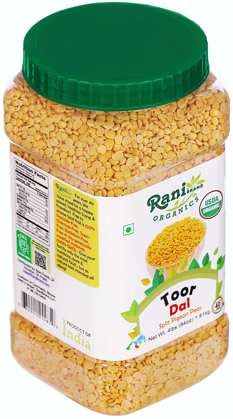 Rani Organic Toor Dal (Split Pigeon Peas) 64oz (4lbs) 1.81kg Bulk PET Jar ~ All Natural | Vegan | Gluten Friendly | NON-GMO | Indian Origin