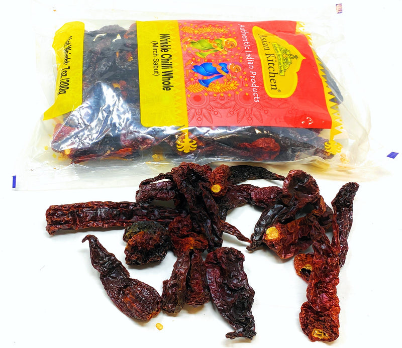 Asian Kitchen Wrinkled Chilies Whole Stemless (Mirch Sabut) 3.5oz (100g) ~ All Natural | Vegan | No Colors | Gluten Friendly | Indian Origin