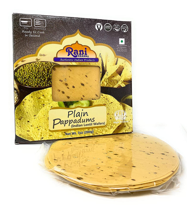 Rani Pappadums (Indian Lentil Wafer Snack) Plain Papad 7oz (200g) Approximately 15pc, 7 inches ~ All Natural | Gluten Friendly | NON-GMO | Vegan | Indian Origin