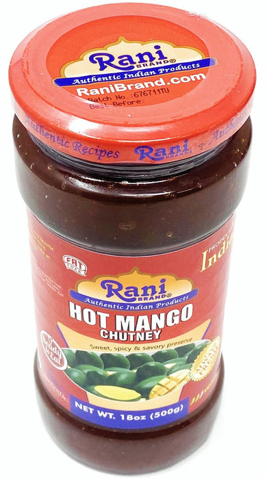 Rani Hot Mango Chutney (Spicy Indian Preserve) 18oz (1.1lbs) 500g Glass Jar, Ready to eat, Vegan, Pack of 5+1 FREE ~ Gluten Free, All Natural, NON-GMO