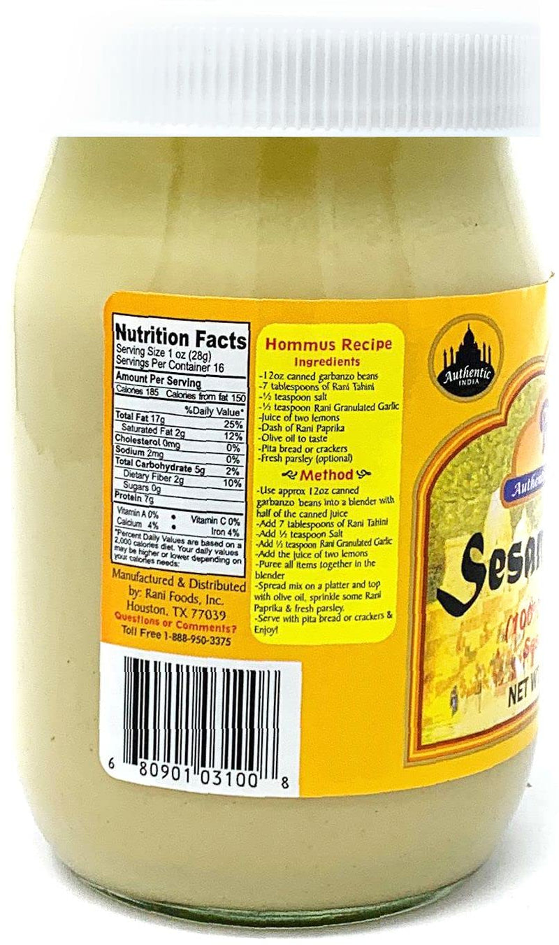 Rani Sesame Tahini (Sesame Butter) 16oz (1lb) 454g, Pack of 2, Glass Jar, Vegan, No added sugar, No Sodium ~ Gluten Free | NON-GMO | USA Made