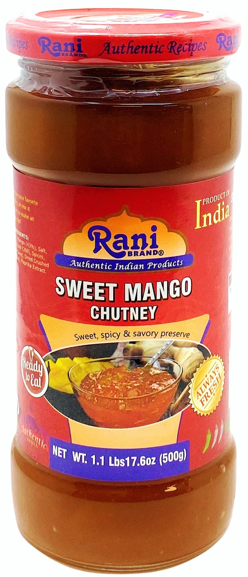 Rani Sweet Mango Chutney (Indian Preserve) 17.6oz (1.1lbs) 500g Glass Jar, Ready to eat, Vegan, Pack of 5+1 FREE ~ Gluten Free, All Natural, NON-GMO