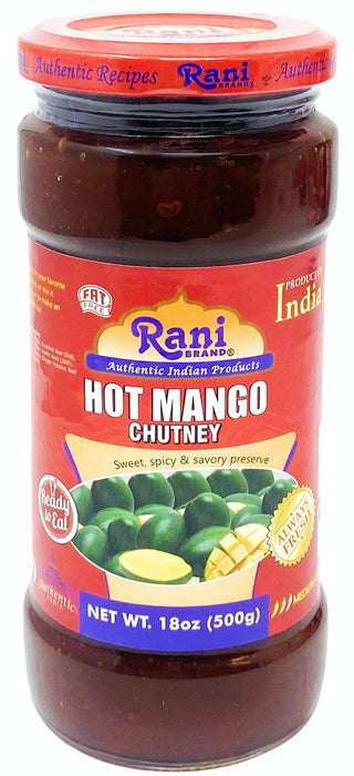 Rani Hot Mango Chutney (Spicy Indian Preserve) 18oz (1.1lbs) 500g Glass Jar, Ready to eat, Vegan, Pack of 5+1 FREE ~ Gluten Free, All Natural, NON-GMO