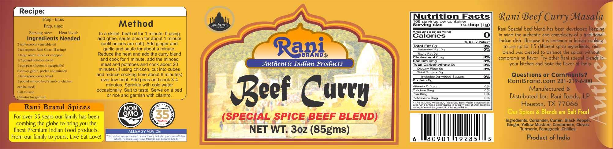 Rani Beef Curry Masala Natural 10-Spice Blend 3oz (85g) PET Jar ~ Salt Free | Vegan | Gluten Friendly | NON-GMO | No Colors | Indian Origin