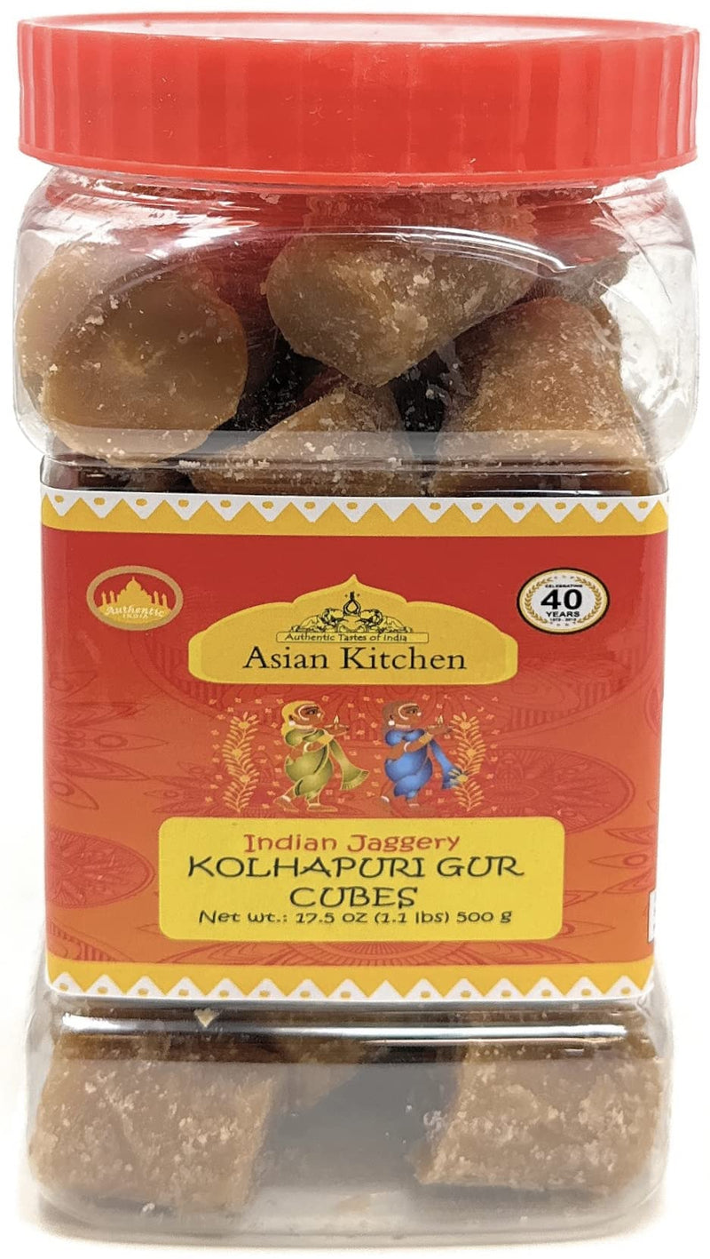 Asian Kitchen Kolhapuri Gur (Jaggery) Cubes 17.5oz (1.1lbs) 500g PET Jar ~ Unrefined Cane Sugar, No Color added, Gluten Friendly | Vegan | NON-GMO | No Salt or fillers