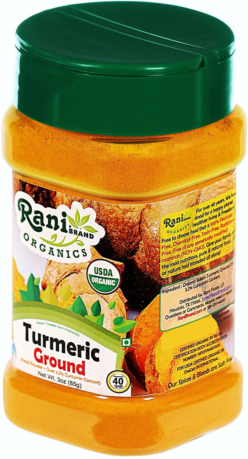 Rani Organic Turmeric (Haldi) Root Powder Spice, (High Curcumin Content) 3oz (85g) PET Jar ~ All Natural | Indian Origin | USDA Certified Organic