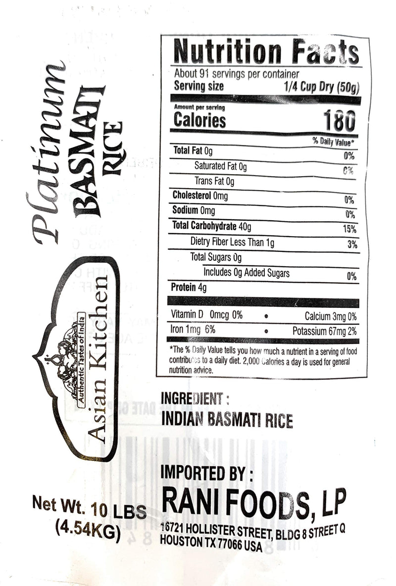 Asian Kitchen Platinum White Basmati Rice Extra Long Aged 10lbs (4.54kg) ~ All Natural | Vegan | Gluten Friendly | Indian Origin
