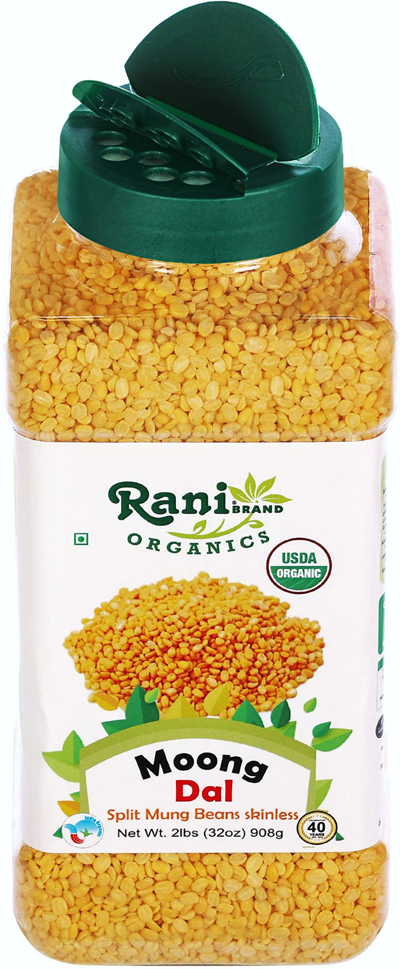Rani Organic Moong Dal (Split Moong Beans Skinless) Indian Lentils 32oz (2lbs) 908g PET Jar ~ All Natural | Vegan | USDA Certified Organic