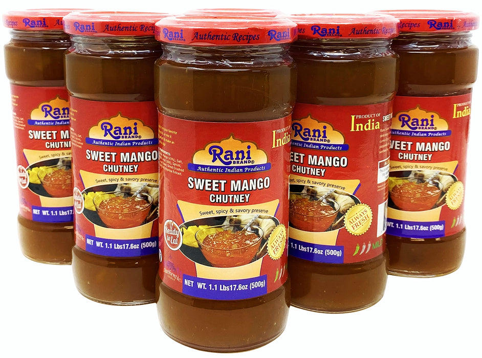 Rani Sweet Mango Chutney (Indian Preserve) 17.6oz (1.1lbs) 500g Glass Jar, Ready to eat, Vegan, Pack of 5+1 FREE ~ Gluten Free, All Natural, NON-GMO