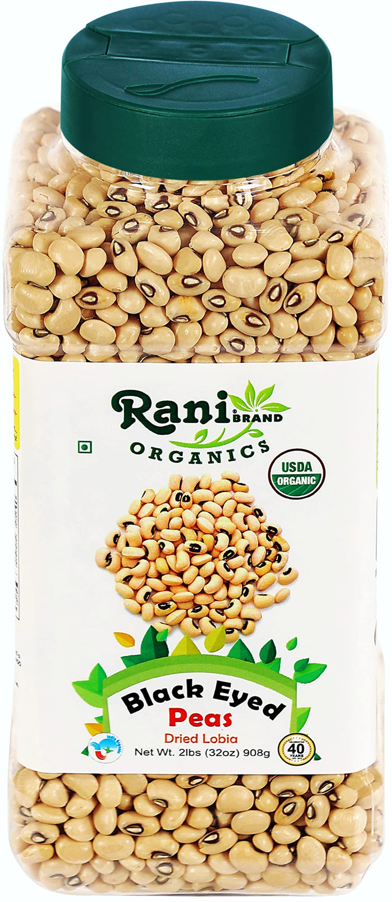 Rani Organic Black Eyed Peas (Dried Lobia) 32oz (2lbs) 908g PET Jar ~ All Natural | Vegan | Gluten Friendly | USDA Certified Organic
