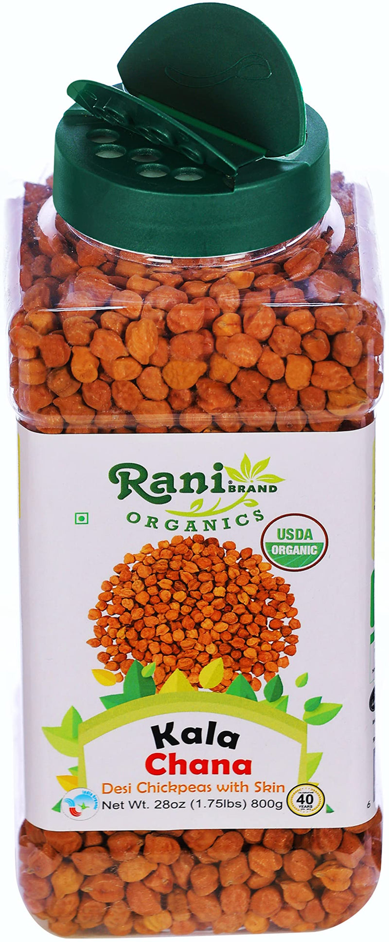 Rani Organic Kala Chana (Desi Chickpeas with Skin) 28oz (800g) PET Jar ~ All Natural | Vegan | Gluten Friendly | NON-GMO | USDA Certified Organic