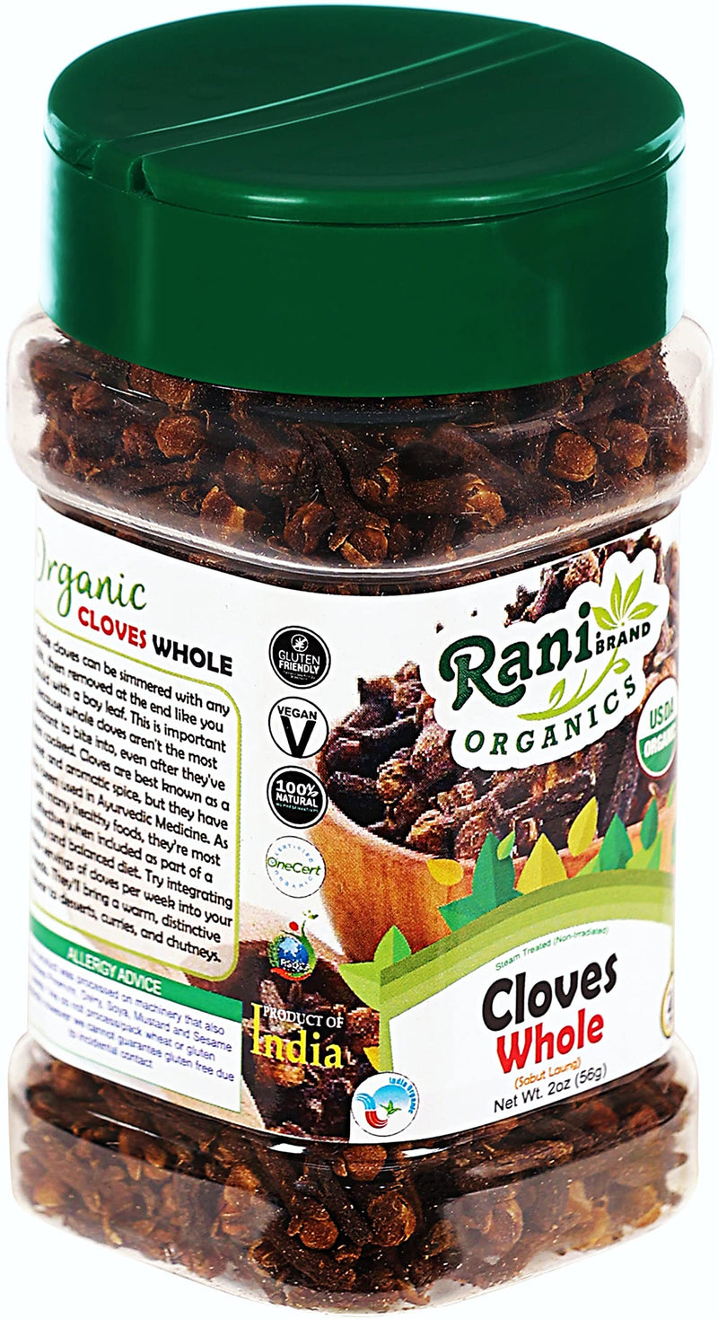 Rani Organic Cloves Whole (Laung Sabut) 2oz (56g) PET Jar, Great for Food, Tea, Pomander Balls and Potpourri ~ All Natural | USDA Certified Organic