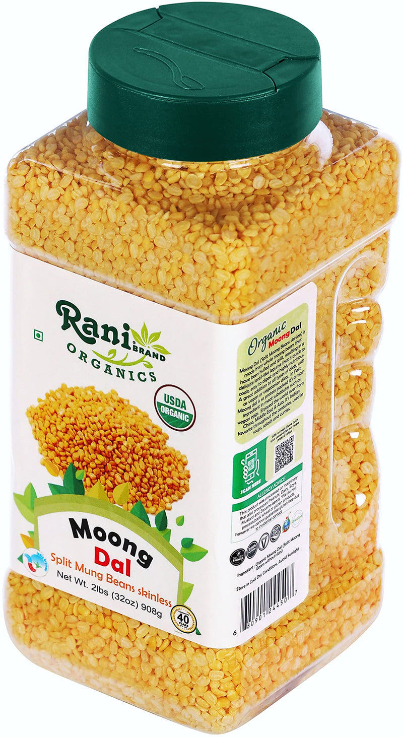Rani Organic Moong Dal (Split Moong Beans Skinless) Indian Lentils 32oz (2lbs) 908g PET Jar ~ All Natural | Vegan | USDA Certified Organic