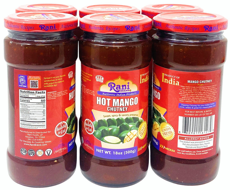 Rani Hot Mango Chutney (Spicy Indian Preserve) 18oz (1.1lbs) 500g Glass Jar, Ready to eat, Vegan, Pack of 5+1 FREE ~ Gluten Free, All Natural, NON-GMO