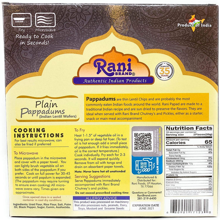 Rani Pappadums (Indian Lentil Wafer Snack) Plain Papad 7oz (200g) Approximately 15pc, 7 inches ~ All Natural | Gluten Friendly | NON-GMO | Vegan | Indian Origin