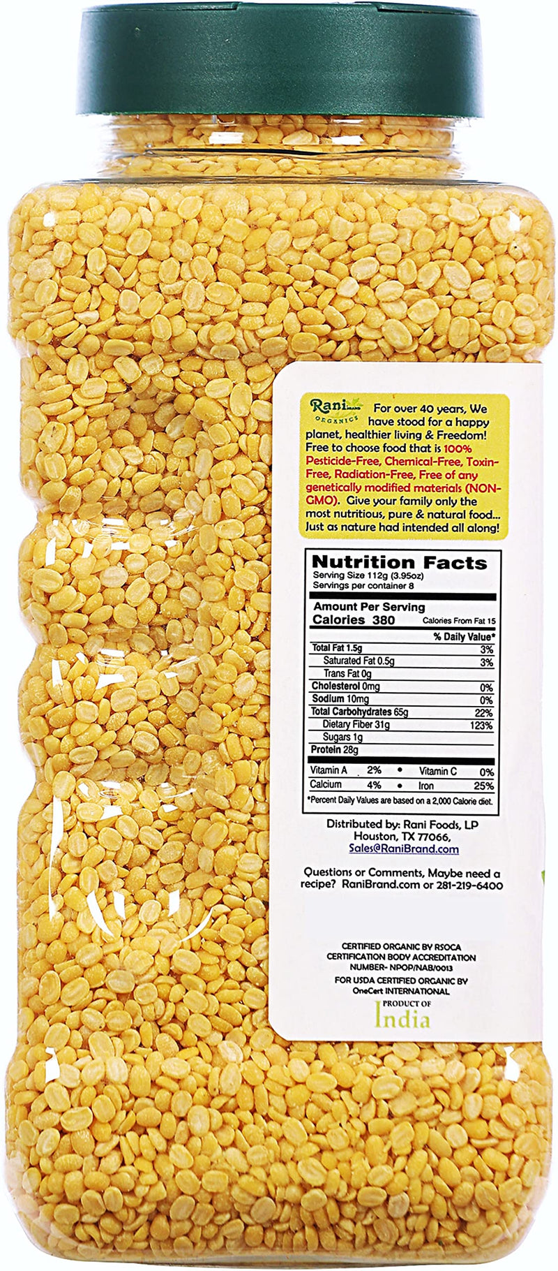 Rani Organic Moong Dal (Split Moong Beans Skinless) Indian Lentils 32oz (2lbs) 908g PET Jar ~ All Natural | Vegan | USDA Certified Organic