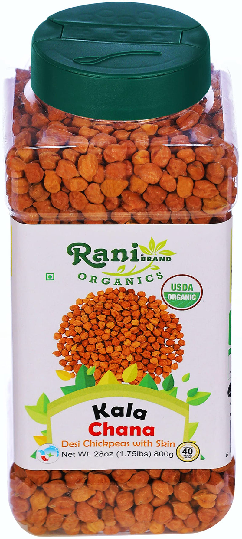 Rani Organic Kala Chana (Desi Chickpeas with Skin) 28oz (800g) PET Jar ~ All Natural | Vegan | Gluten Friendly | NON-GMO | USDA Certified Organic